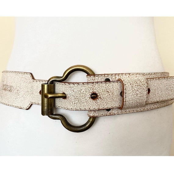 Vintage Italy Made Western Cowboy Leather Belt Cream Heavy 