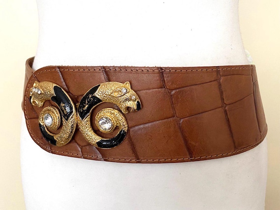 Vintage Panther Buckle Wide Brown Asymmetrical Leather Belt  display picture 1