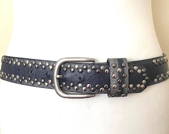 VintagwBlack Studded Leather Western Belt Silver Statement Buckle Rocker Cowboy Black Leather Studs & Rhinestones Western Vintage Belt With  main image 4