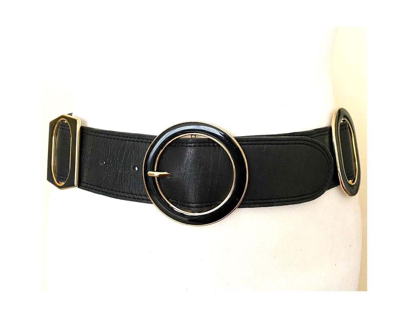 Vintage 90s Black Leather Belt with Black Golden Solid Metal Buckle, 26,7-30,7"/68-78cm