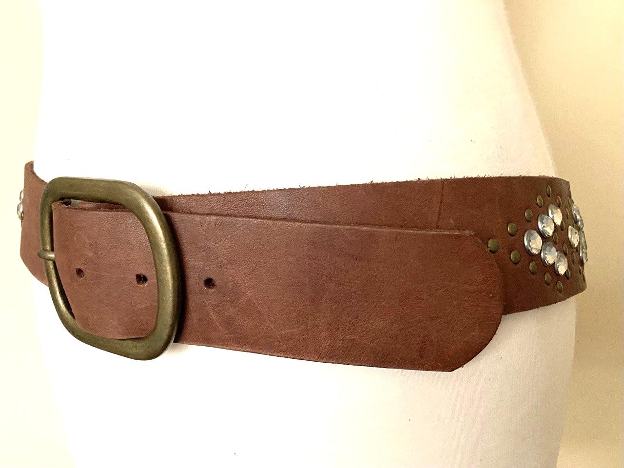 Vintage Western Wide Studded Rhinestone Brown Leather Belt  display picture 1