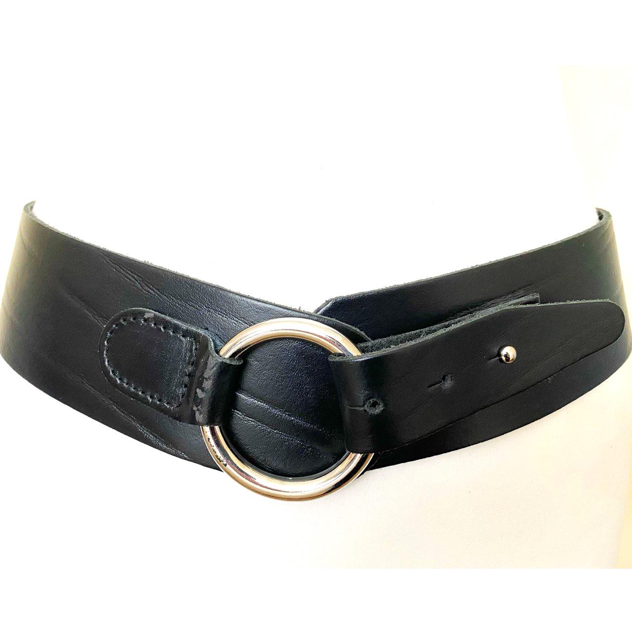 Vintage Finland Wide Black Leather Belt High Low Waist Ring Buckle