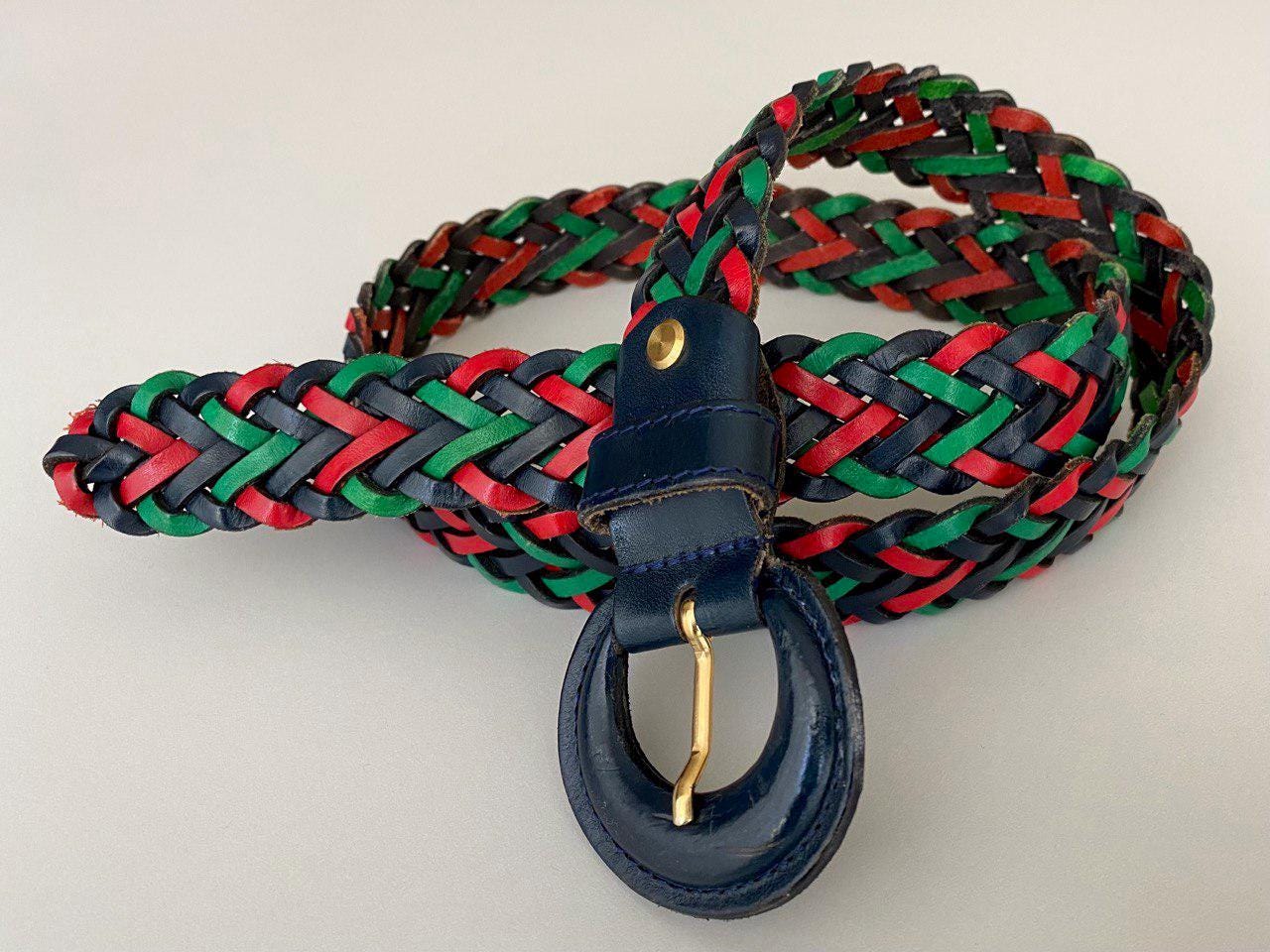 Vintage Made in Italy Braided Leather Belt Multicolor Green 