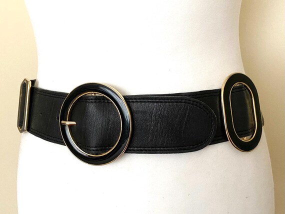 Vintage 90s Black Leather Belt With Black Golden Solid Metal  display picture 1
