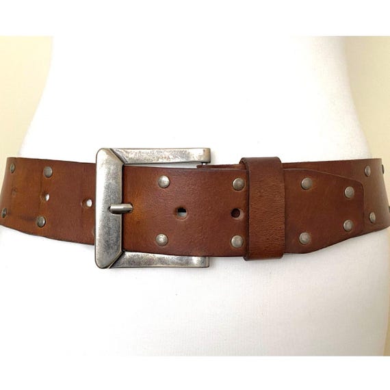 COWBOYSBELT LEATHER STUDDED M COWBOYSBELT Studded Leather Belt Tan Rivets Western Biker  main image 2
