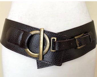 Vintage L/XL Size Holland Made Wide Pebbled Leather Belt Dark Brown Wide High Low Waist Leather Belt, 40-41&quot;/102-104cm