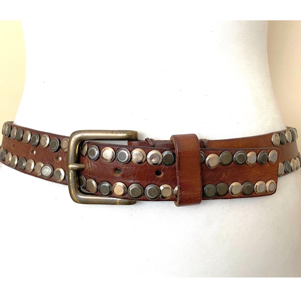 VTG BUCKLE 2” LEATHER BELT STUDDED WESTERN ROCK BIKER BROWN BRASS WAIST: 30”-35” We main image 3