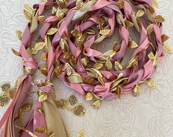 Dusty Rose Pink Champagne Gold Handfasting Cord with Gold Leaf, Celtic Irish Wedding Ribbon, Ritual Pagan Knot, Vow Renewal Ceremony
