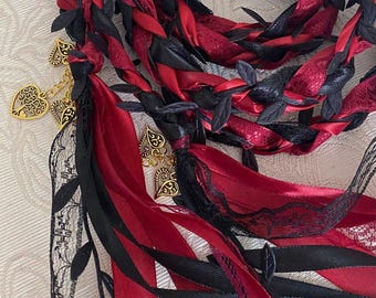 Burgundy Red Black Handfasting Cord with Black Leaves, Viking Custom Ritual Rope, Pagan Ceremony, Traditional Wedding Ribbon
