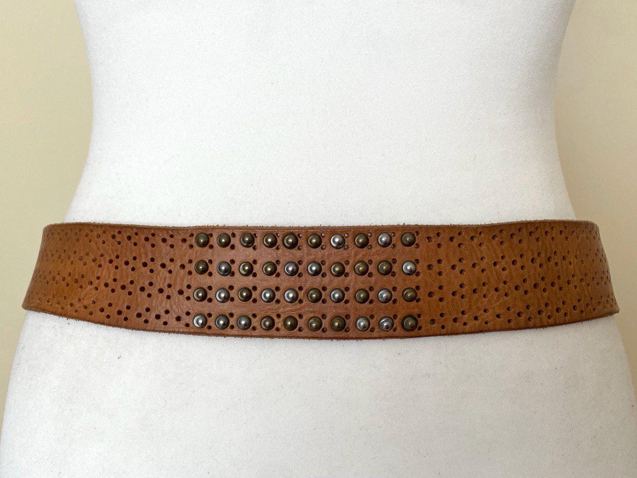 Vintage Wide Brown Leather Grommet Studded Belt Double Prong Waist Belt Double Hole Leather Belt 1 1/2 main image 2