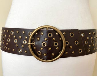 Vintage Wide Non Leather Belt Brown Studded Grommet Wide Belt