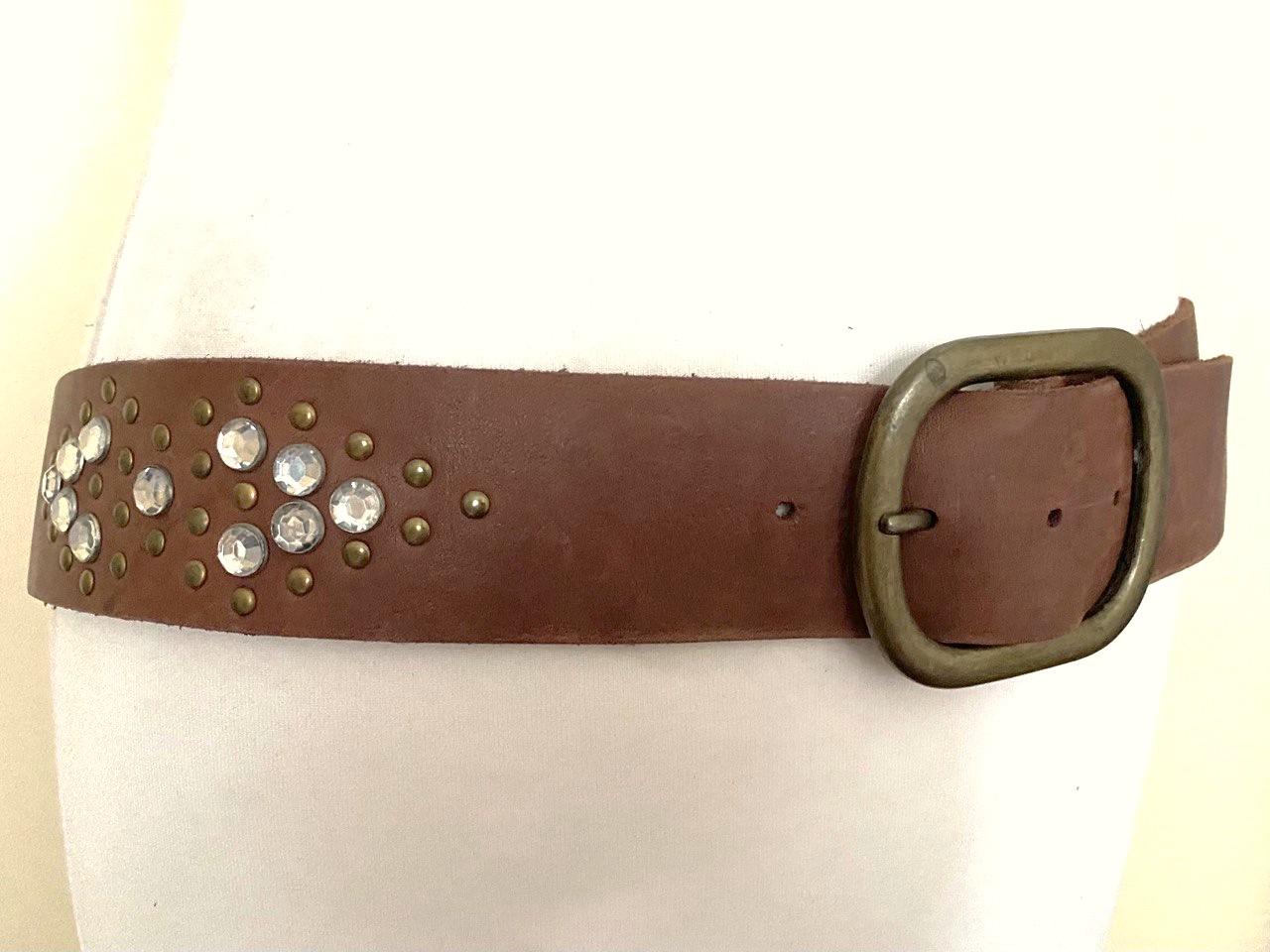 Vintage Western Wide Studded Rhinestone Brown Leather Belt 