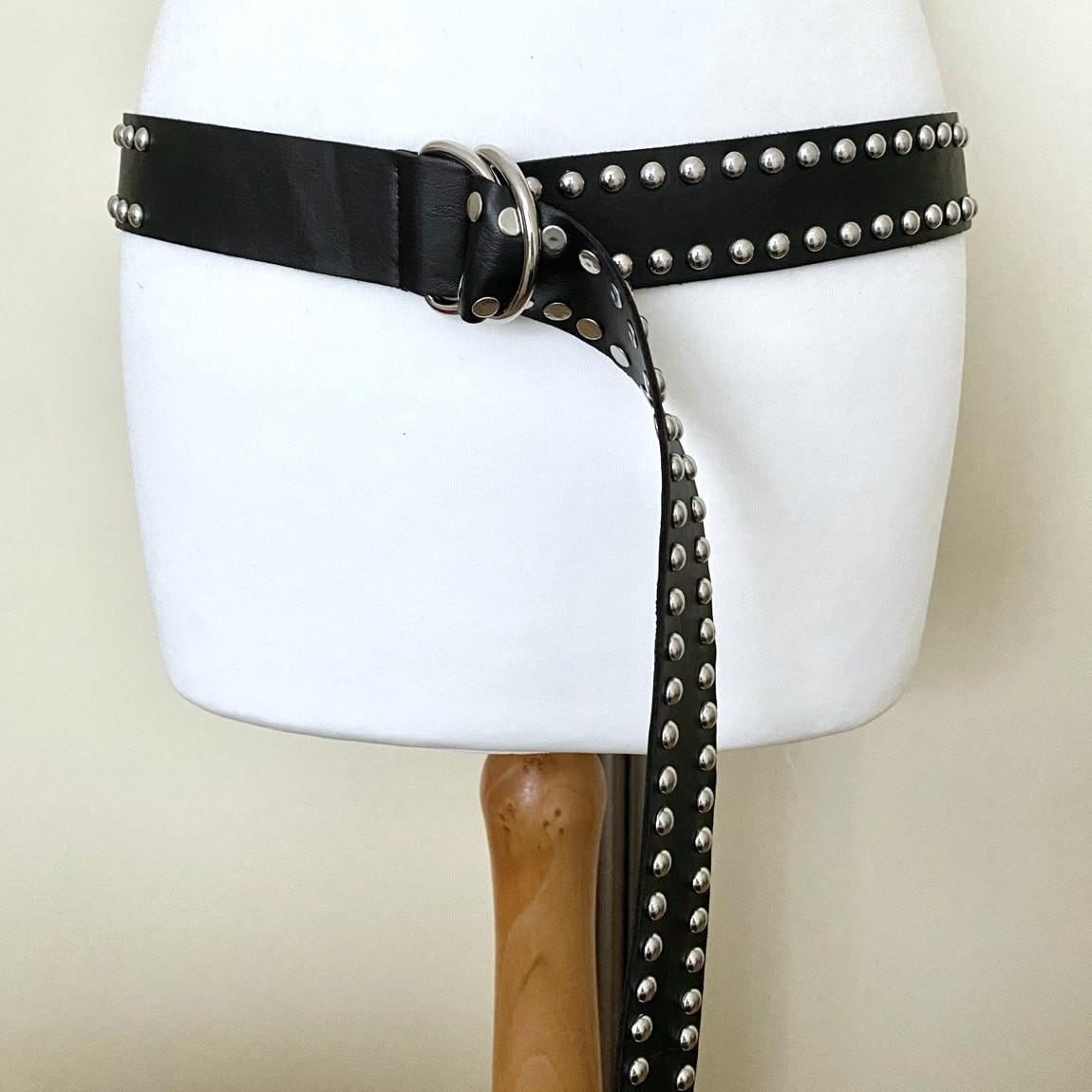 Vintage Plus Size Studded Belt Black Vintage Non Leather Belt Metal Rings Buckle Rocker Punk Gothic Belt, 132cm/52" Long