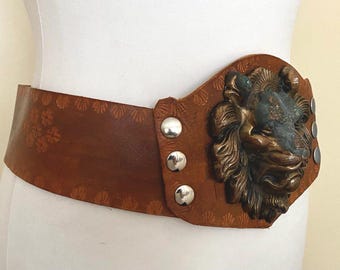 Vintage Lion Brass Heavy Metal Head Leather Belt Rare Punk  display picture 1
