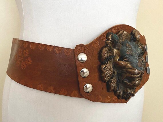 Vintage Lion Brass Heavy Metal Head Leather Belt Rare Punk  display picture 1