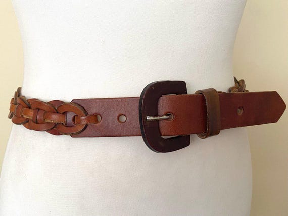 Vintage 60s Link Braided Brown Leather Belt, 27,5-31,4 display picture 1