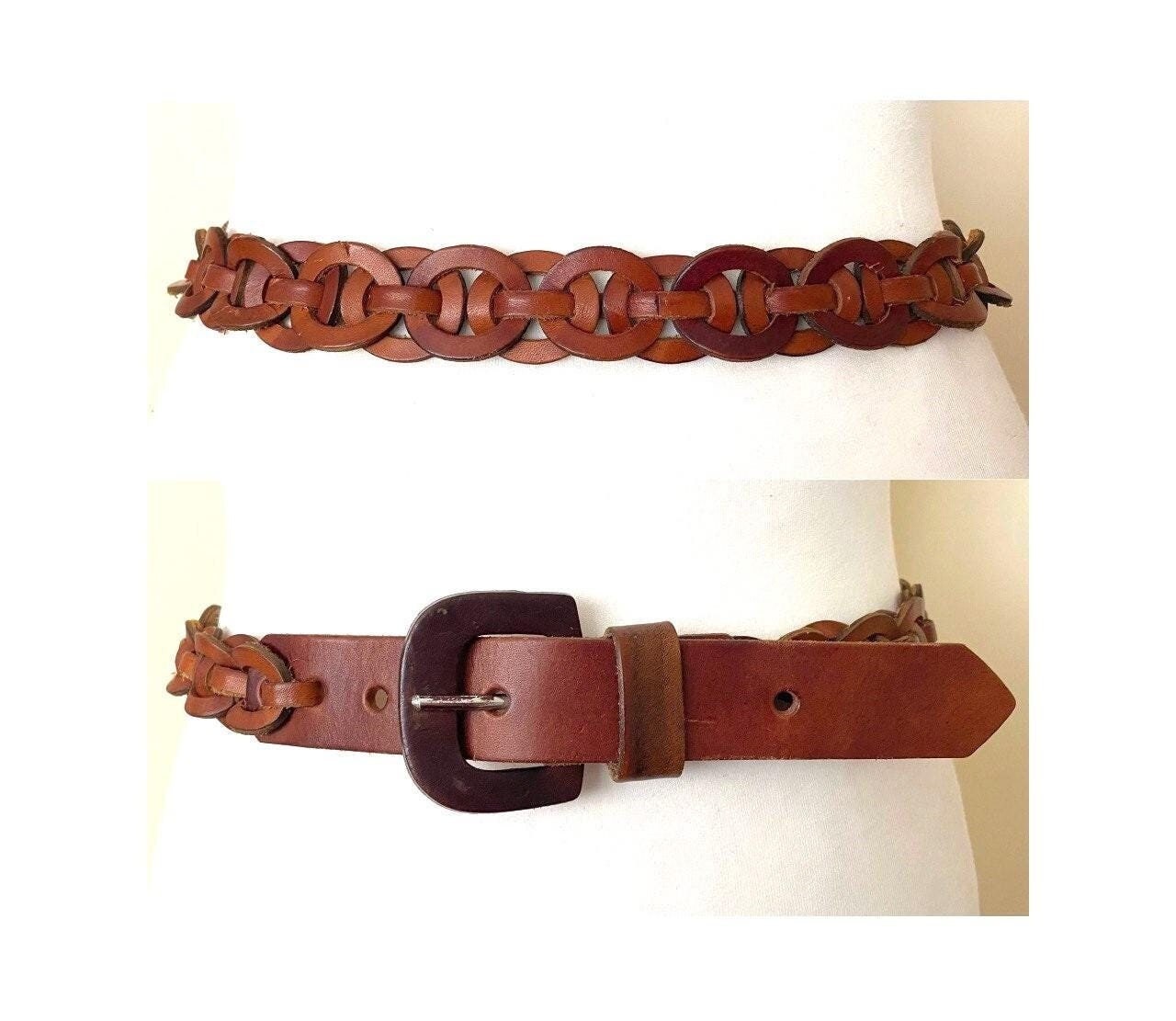Vintage 60s Link Braided Brown Leather Belt, 27,5-31,4