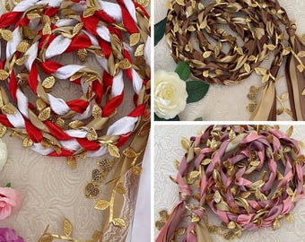CUSTOM Color Handfasting Cord with Gold Leaves, Celtic Irish Wedding Ribbon Knot, Handfasting Ceremony Cord with or without Charms