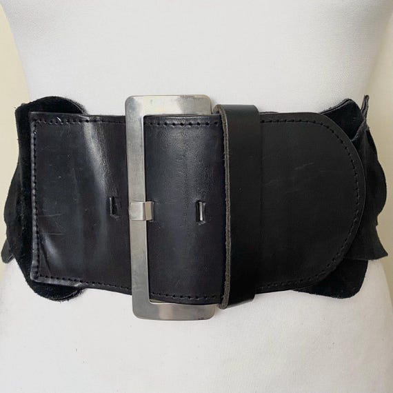 Vintage 80s Extra Wide Suede Leather Belt Size XS S Black  display picture 1