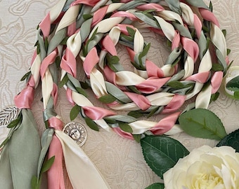 Sage Pink & Ivory Handfasting Cord with Green Leaves, Traditional Irish Celtic Wedding Ribbon, Pagan Ritual Knot, Wiccan Hand Fasting Tie