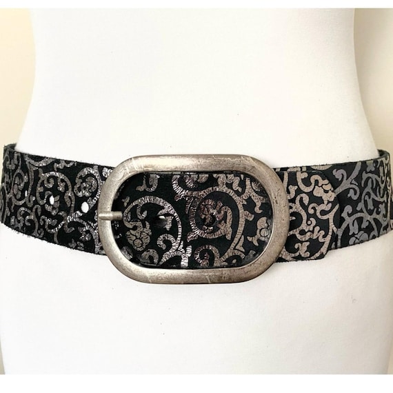 Vintage Wide Leather Belt Black Silver Retro Belt, 32,3-37 