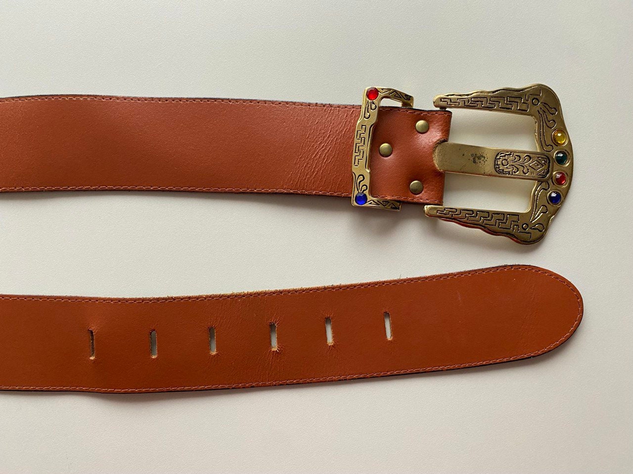 Vintage Wide Brown Leather Belt With Golden Rhinestones 