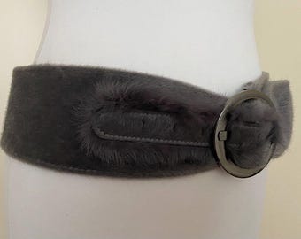Vintage Extra Wide Grey Faux Fur Belt With Natural Fur Decor  display picture 1