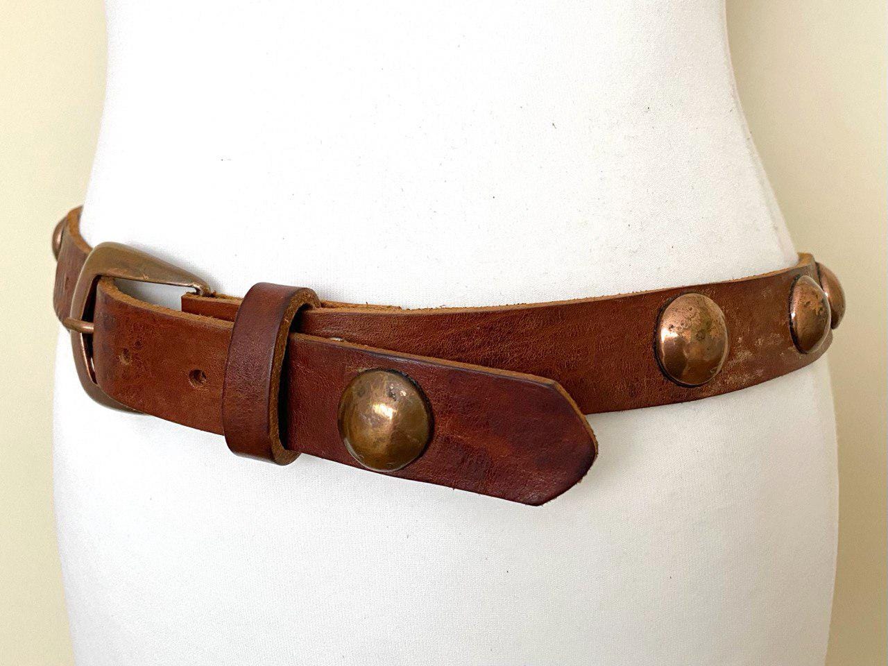 Vintage Studded Thick Leather Belt Heavy Buckle Heavy Studs Brown