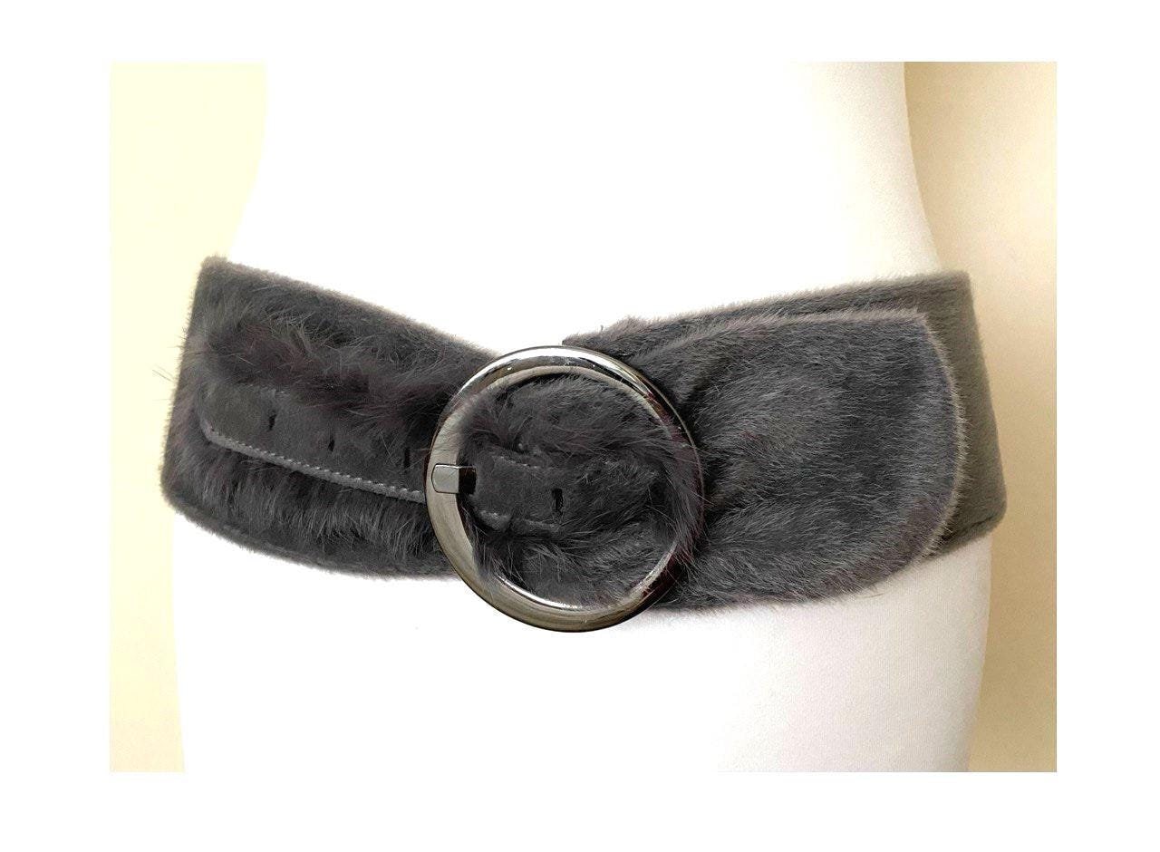 Vintage Extra Wide Grey Faux Fur Belt With Natural Fur Decor, 34,6