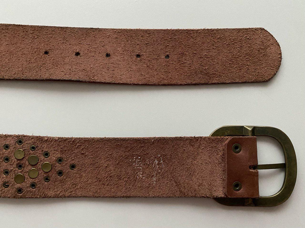 Vintage Wide Brown Leather Studded Rhinestone Waist Belt Petite Boho Western Rhinestone Studded Belt for Men Women, Western Leather Belt  main image 3