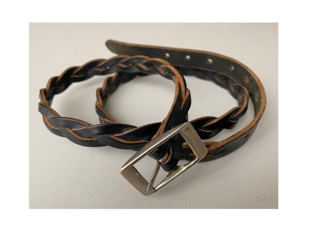 Skinny Vintage 60s 70s Braided Leather Belt Brown Slim Retro 