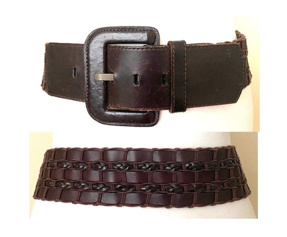 Vintage ESPRIT Wide Brown Leather Belt Braided Wide Leather  display picture 3