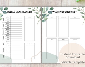 Weekly Meal Planner with Grocery List, Printable Weekly Meal Planner, Editable Weekly Meal Plan, Shopping List Digital PDF, Grocery List PDF