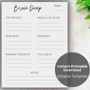 Brain Dump Printable, To Do List, Productivity Planner, ADHD Brain Dump, Thought Tracker, Organization Planner, Mind Map, ADHD Daily Planner
