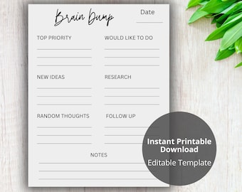Brain Dump Printable, To Do List, Productivity Planner, ADHD Brain Dump, Thought Tracker, Organization Planner, Mind Map, ADHD Daily Planner