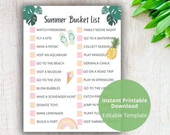 Summer Bucket List Printable, Instant Download List for kids, Fun Summer Activities for kids, Things to do checklist for kids, Summer break