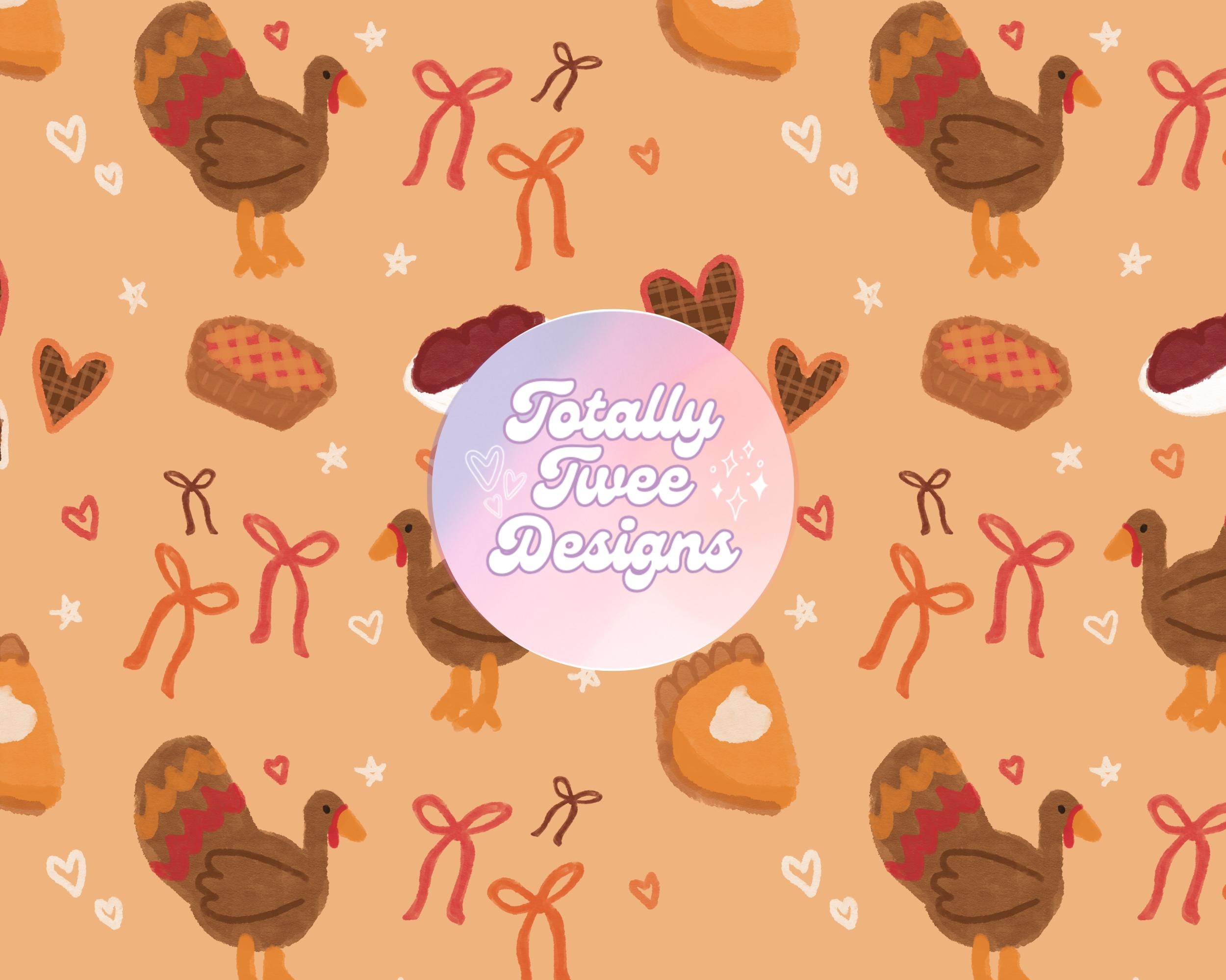 Coquette Thanksgiving Turkey Seamless Pattern: Watercolor Food, Bows (Digital Download)