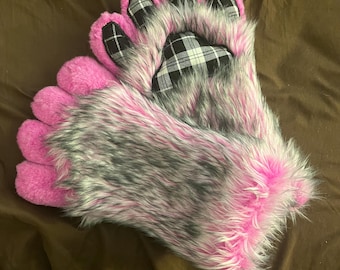 Pink and Black Fursuit Paws and Tail Set (Read description) Kemonomimi Therian Gear Nub Tail Pink Tail Faux Fur Animal Cosplay Kemono Furry