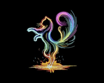 May include: A colorful, stylized cat illustration on a black background. The cat is depicted in a standing pose with its tail curled. The artwork uses a variety of bright colors, including blue, yellow, pink, and orange, to create a vibrant and eye-catching design.
