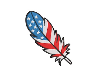May include: Embroidered feather design in the colors of the American flag. The feather features a blue section with white stars, and red and white stripes. The feather has a black outline and a white background.