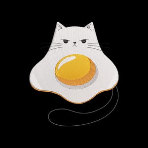 May include: Embroidered design of a white cat with a grumpy expression, integrated with a fried egg. The egg yolk is yellow, and the white is outlined in a light brown color. The cat has black whiskers and a long tail.