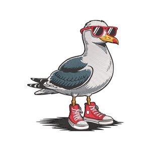 Seagull With Glasses Sneakers Embroidery Design, Seagull Machine Embroidery, 4 sizes, Instant Download