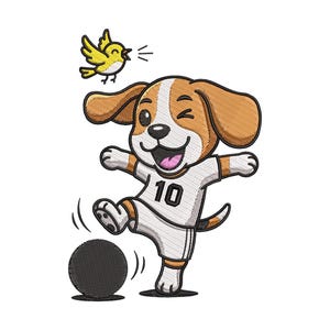 May include: An embroidered patch featuring a cartoon dog wearing a soccer uniform with the number 10, kicking a soccer ball. A yellow bird is chirping above the dog's head. The dog has brown and white fur and is smiling.