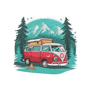 May include: Embroidered design of a red and white camper van with a pop-up roof, set against a backdrop of mountains, pine trees, and a campfire. The van has a vintage aesthetic, perfect for travel and outdoor enthusiasts.