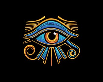 May include: A detailed illustration of the Eye of Horus, a symbol of protection and royal power in ancient Egypt. The eye is rendered in shades of blue, gold, and orange against a black background. The design features intricate lines and patterns.