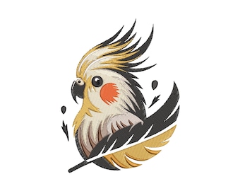 May include: Embroidered design of a cockatiel bird with a yellow crest, orange cheek patch, and a black and yellow feather. The bird is surrounded by black accents on a white background.