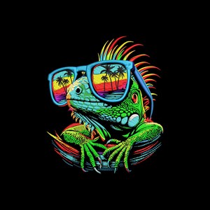 May include: A vibrant illustration of a green iguana wearing blue sunglasses. The sunglasses reflect a tropical sunset scene with palm trees. The iguana has a colorful crest and is set against a black background.