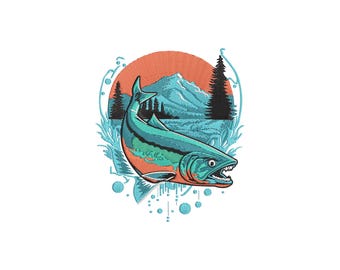 May include: A teal and orange fish illustration with an open mouth, set against a backdrop of mountains, trees, and a sunset. The design features a stylized landscape with water and bubbles, perfect for outdoor enthusiasts.