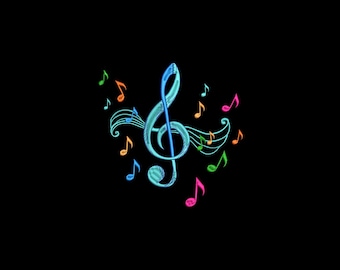 May include: A stylized treble clef and musical notes in shades of blue, green, orange, and pink against a black background. The musical notes appear to be floating around the treble clef.
