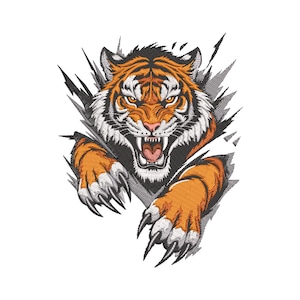Może przedstawiać: Haftowany wzór pomarańczowo-czarnego tygrysa przebijającego się przez rozerwaną powierzchnię. Twarz tygrysa jest groźna, z widocznymi ostrymi zębami. Jego łapy są wyciągnięte, pazury na zewnątrz. Wzór jest na białym tle.